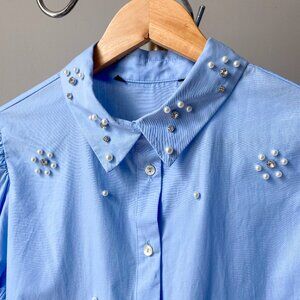 🌿 Light Blue Button-Up Shirt with Beaded Floral Embroidery & Statement Sleeves